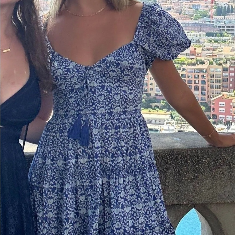 NWOT Zara Blue Printed Puff-Sleeve Mini Dress XS